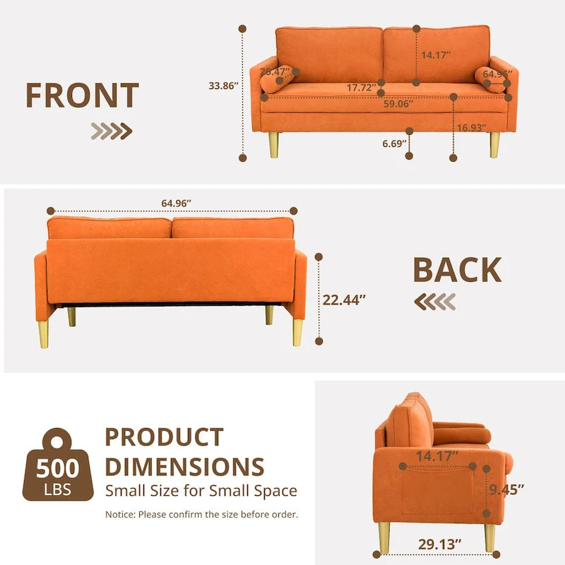 65 Zoll Zweisitzer-Loveseat mit Seitentaschen und runden Kissen
