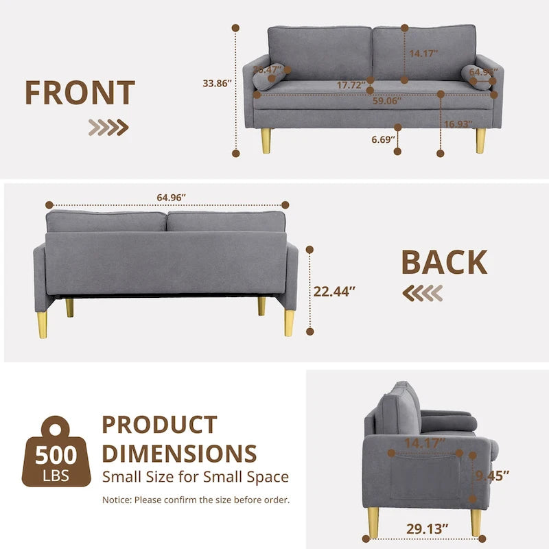 65 Zoll Zweisitzer-Loveseat mit Seitentaschen und runden Kissen