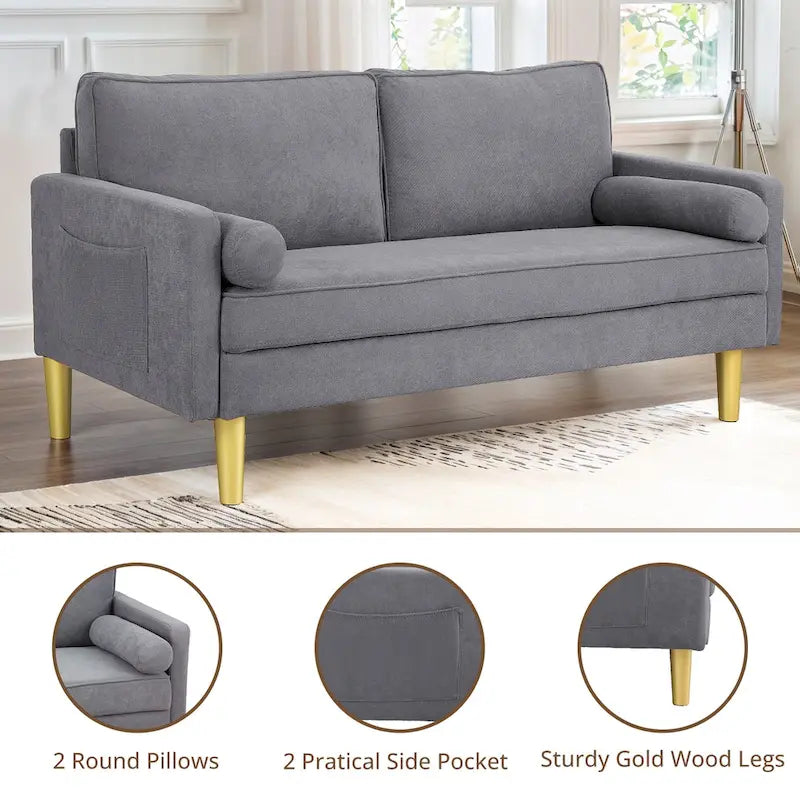 65 Zoll Zweisitzer-Loveseat mit Seitentaschen und runden Kissen