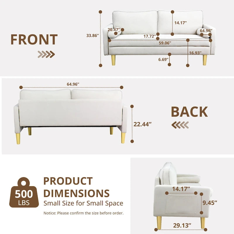 65 Zoll Zweisitzer-Loveseat mit Seitentaschen und runden Kissen