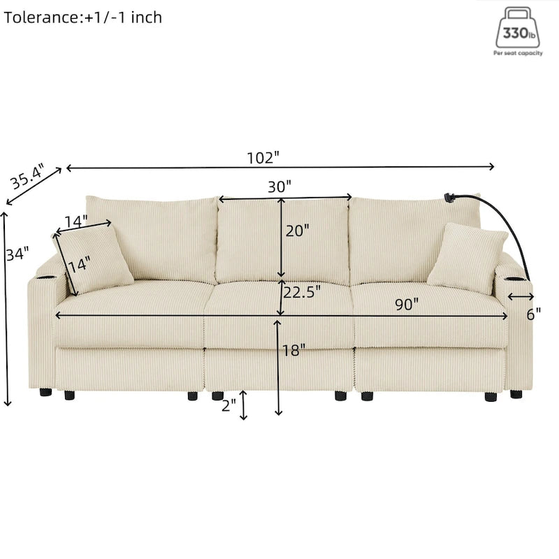102-Zoll modernes 3-Sitzer Cord-Sofa mit Getränkehaltern