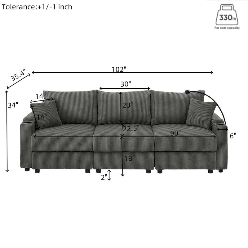 102-Zoll modernes 3-Sitzer Cord-Sofa mit Getränkehaltern
