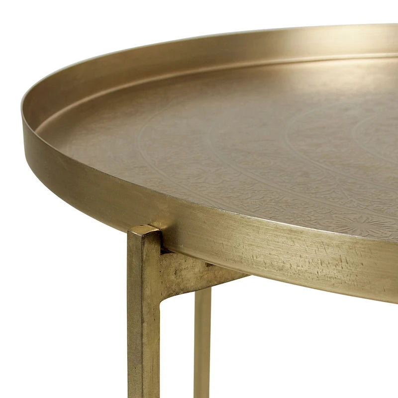 Beistelltisch mit geätzter Blumendekoration und Tablettplatte, Antikmessing-Finish
