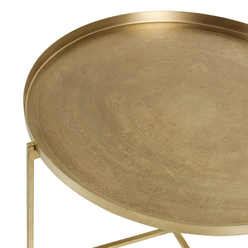 Beistelltisch mit geätzter Blumendekoration und Tablettplatte, Antikmessing-Finish