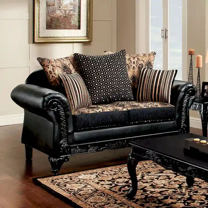 Chateau Traditional Black Faux Leather Upholstered Loveseat by Furniture of America