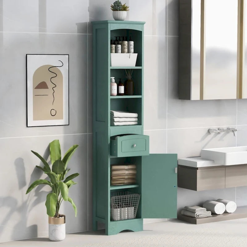 Freistehender Wäscheschrank Hoher Badezimmerschrank mit Schublade, MDF und verstellbarem Einlegeboden