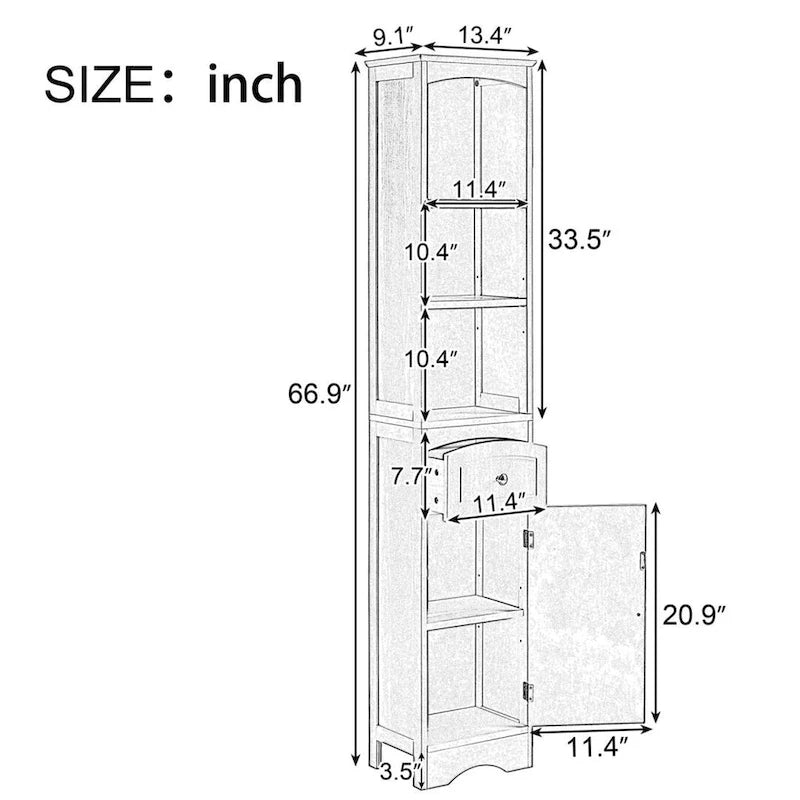 Freistehender Wäscheschrank Hoher Badezimmerschrank mit Schublade, MDF und verstellbarem Einlegeboden