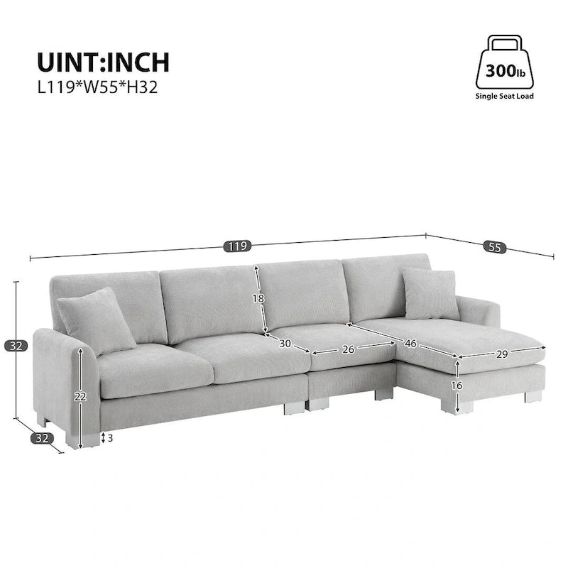 Überdimensionales L-förmiges Ecksofa mit Récamiere aus Chenille