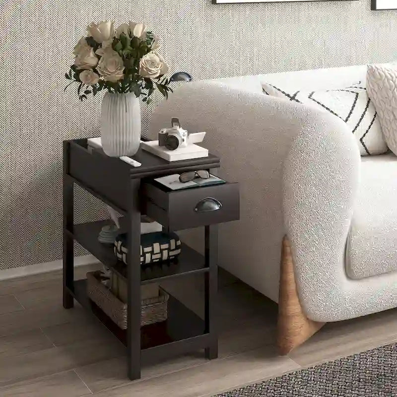 Schmaler Beistelltisch mit Schubladen und unterer Ablage in umklappbarem Design