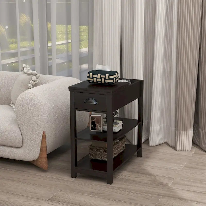 Schmaler Beistelltisch mit Schubladen und unterer Ablage in umklappbarem Design