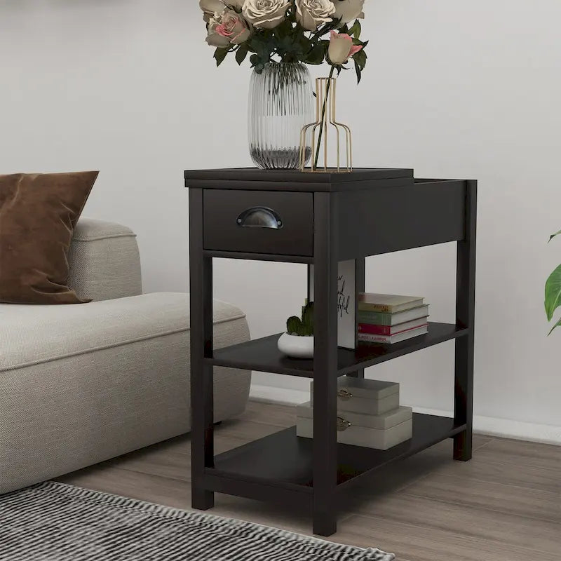 Schmaler Beistelltisch mit Schubladen und unterer Ablage in umklappbarem Design