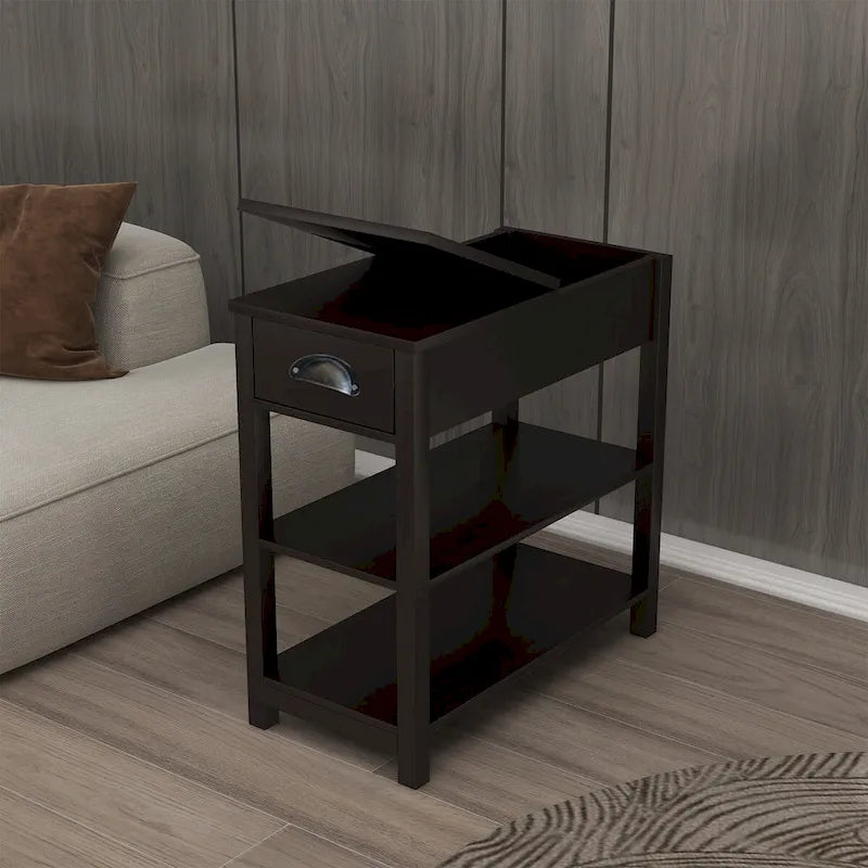 Schmaler Beistelltisch mit Schubladen und unterer Ablage in umklappbarem Design