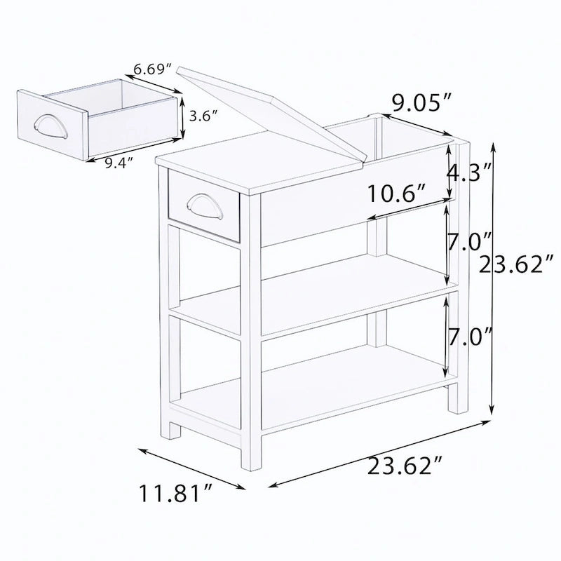 Schmaler Beistelltisch mit Schubladen und unterer Ablage in umklappbarem Design