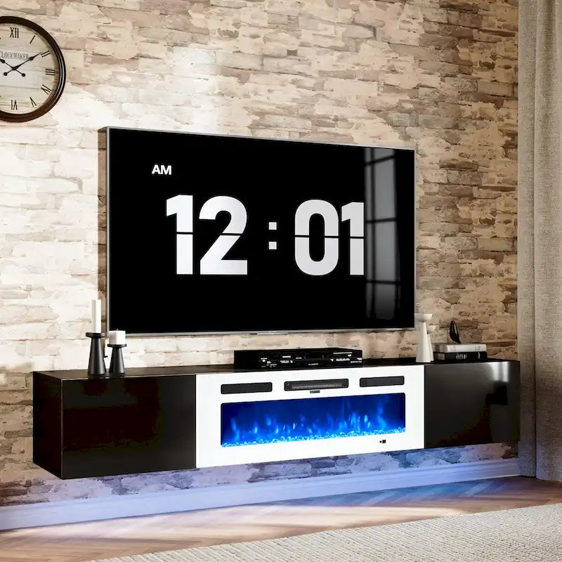 Schwebendes TV-Rack mit 91 cm breitem Elektrokamin