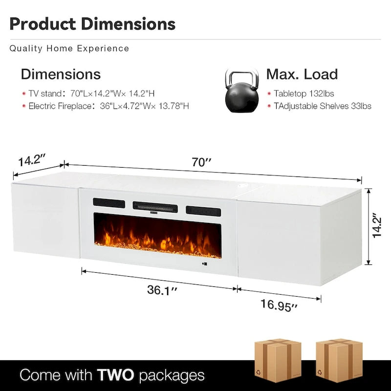 Schwebendes TV-Rack mit 91 cm breitem Elektrokamin