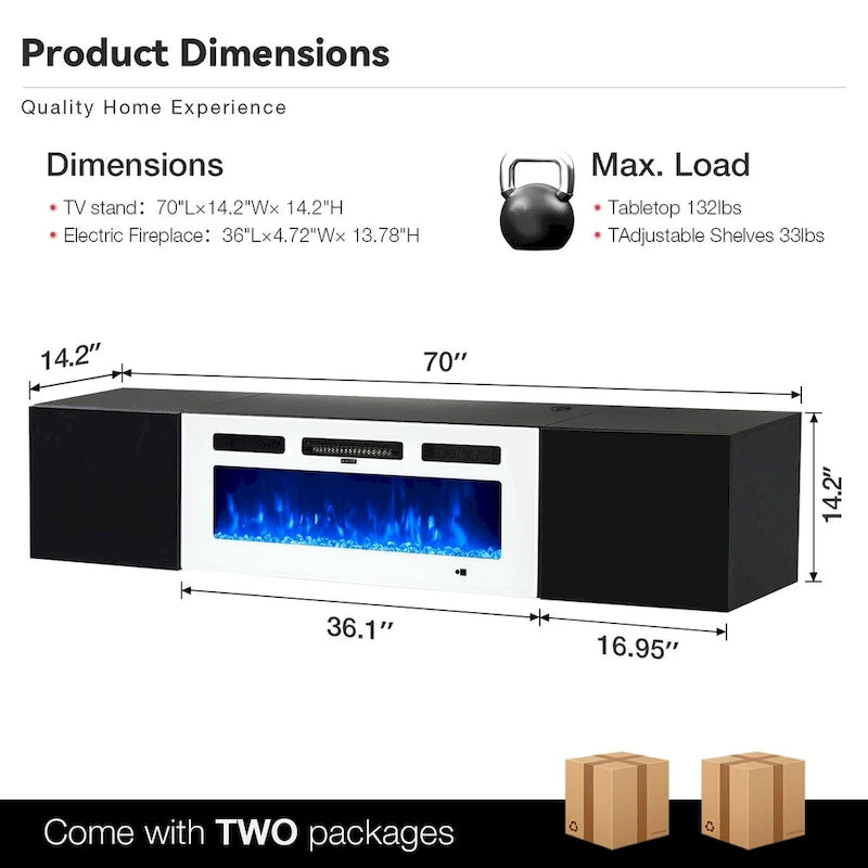 Schwebendes TV-Rack mit 91 cm breitem Elektrokamin
